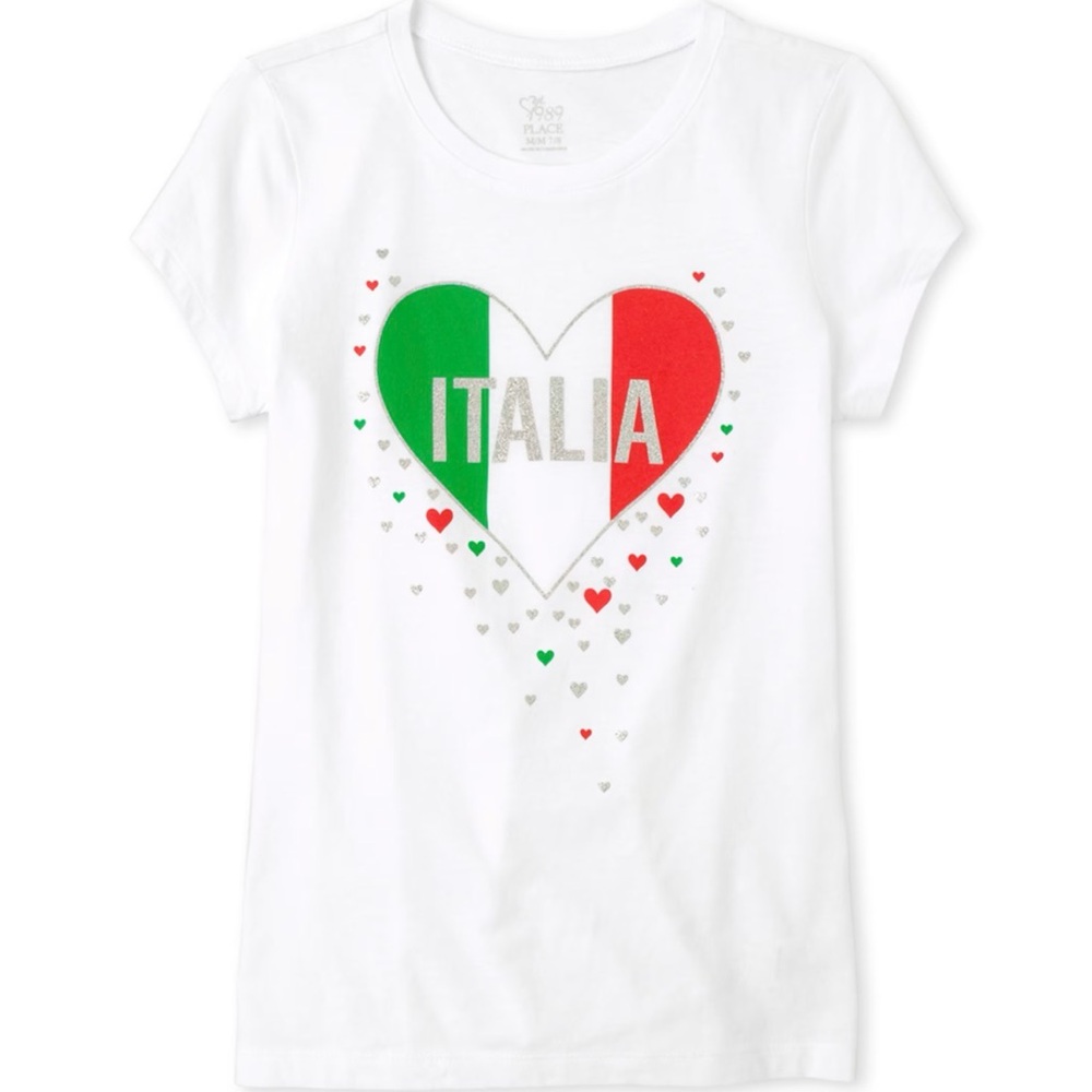 NWT! The Children's Place Girls Italia Heart Tee - White, Green, Red (size 7/8)